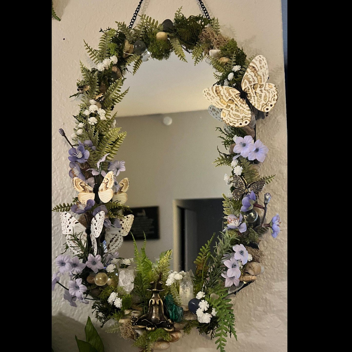 Spiritual Renewal Manifestation Mirror with Genuine Crystals, Butterflies and Frog