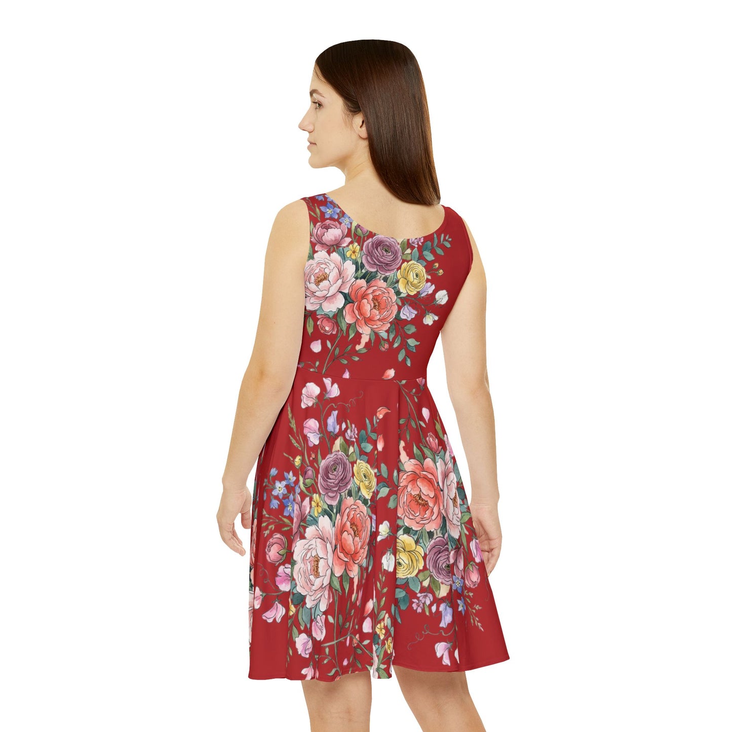 Floral Red Skater Dress — Vintage Rose All-Over Print