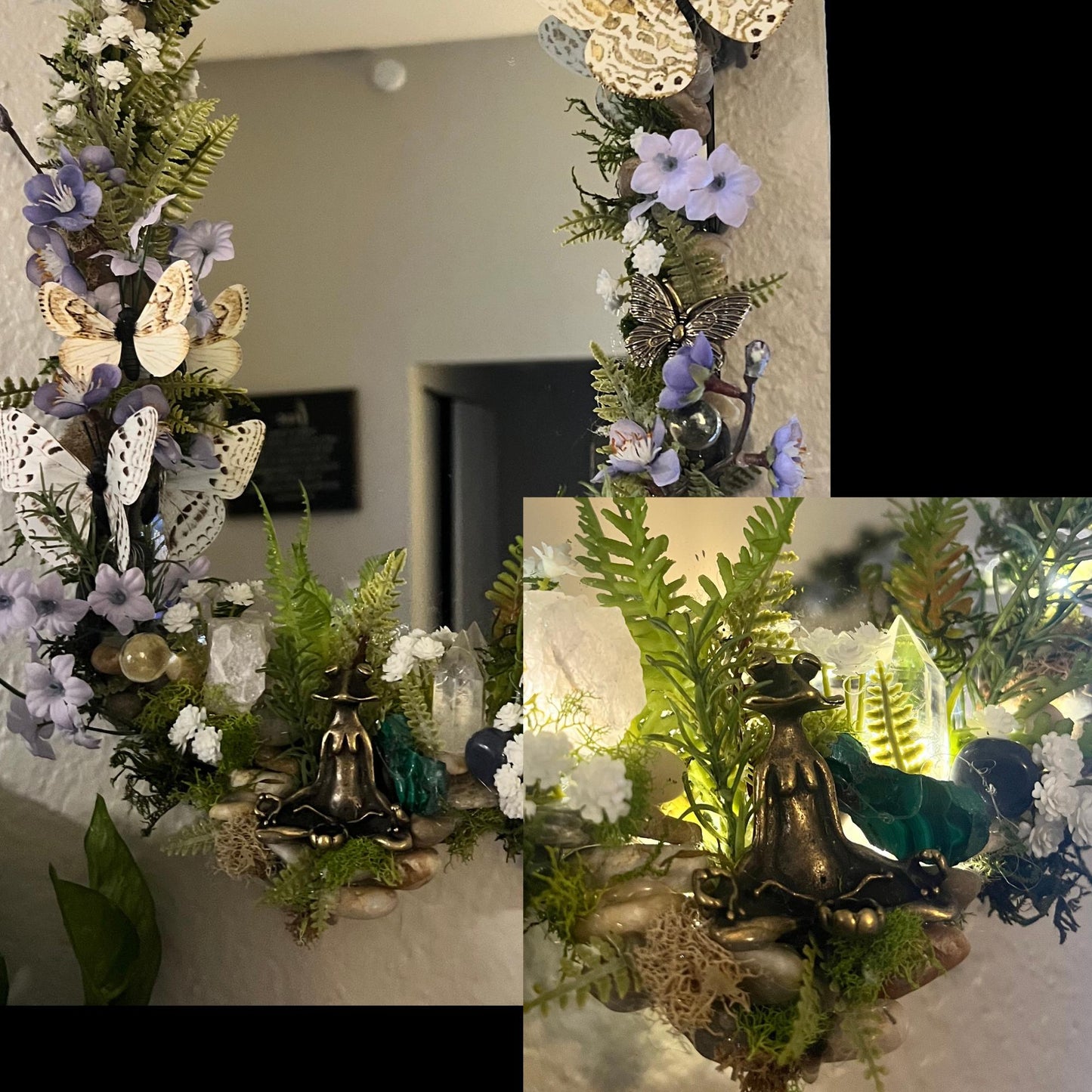 Spiritual Renewal Manifestation Mirror with Genuine Crystals, Butterflies and Frog