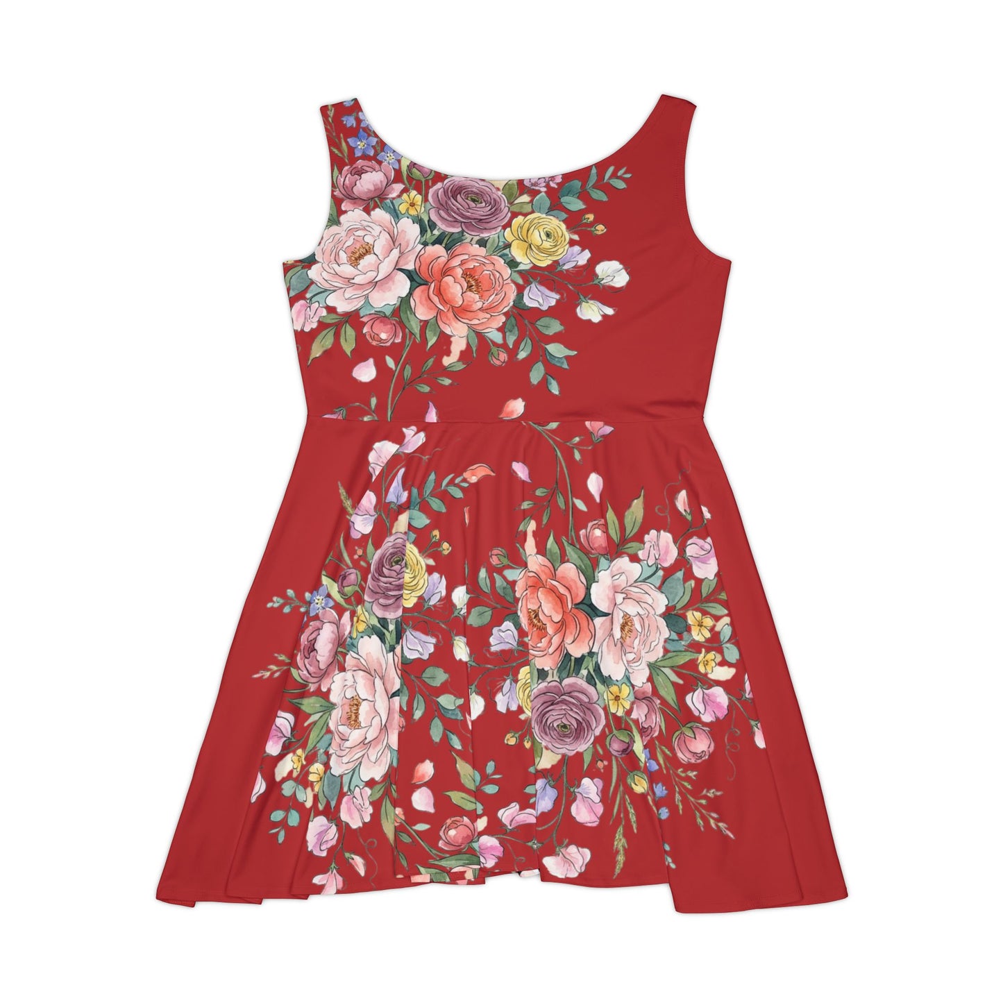 Floral Red Skater Dress — Vintage Rose All-Over Print