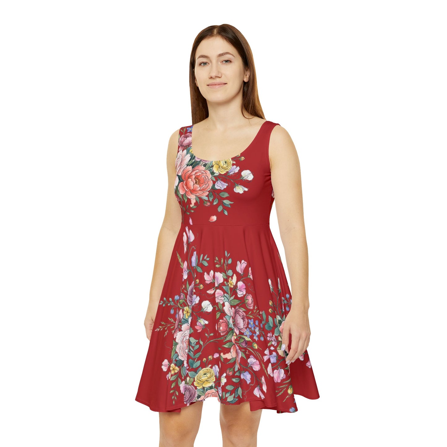 Floral Red Skater Dress — Vintage Rose All-Over Print