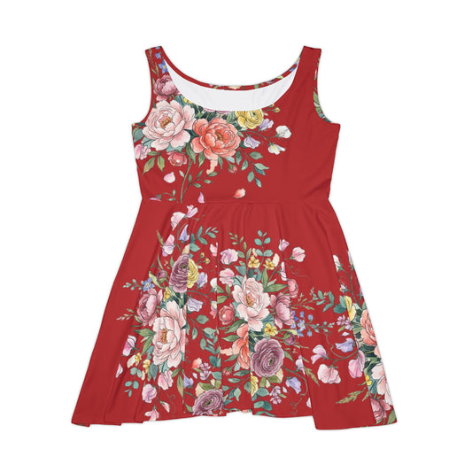 Floral Red Skater Dress — Vintage Rose All-Over Print
