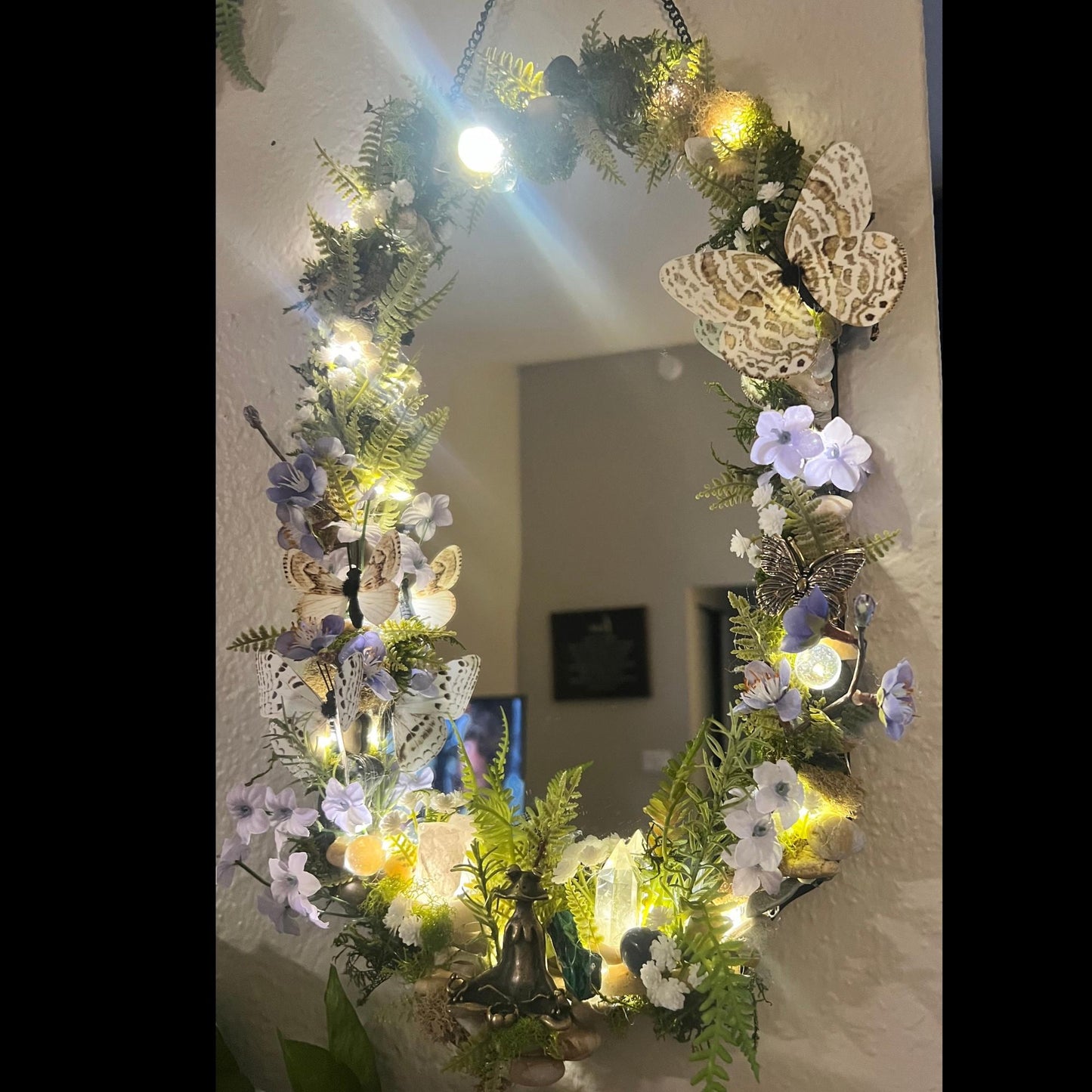 Spiritual Renewal Manifestation Mirror with Genuine Crystals, Butterflies and Frog